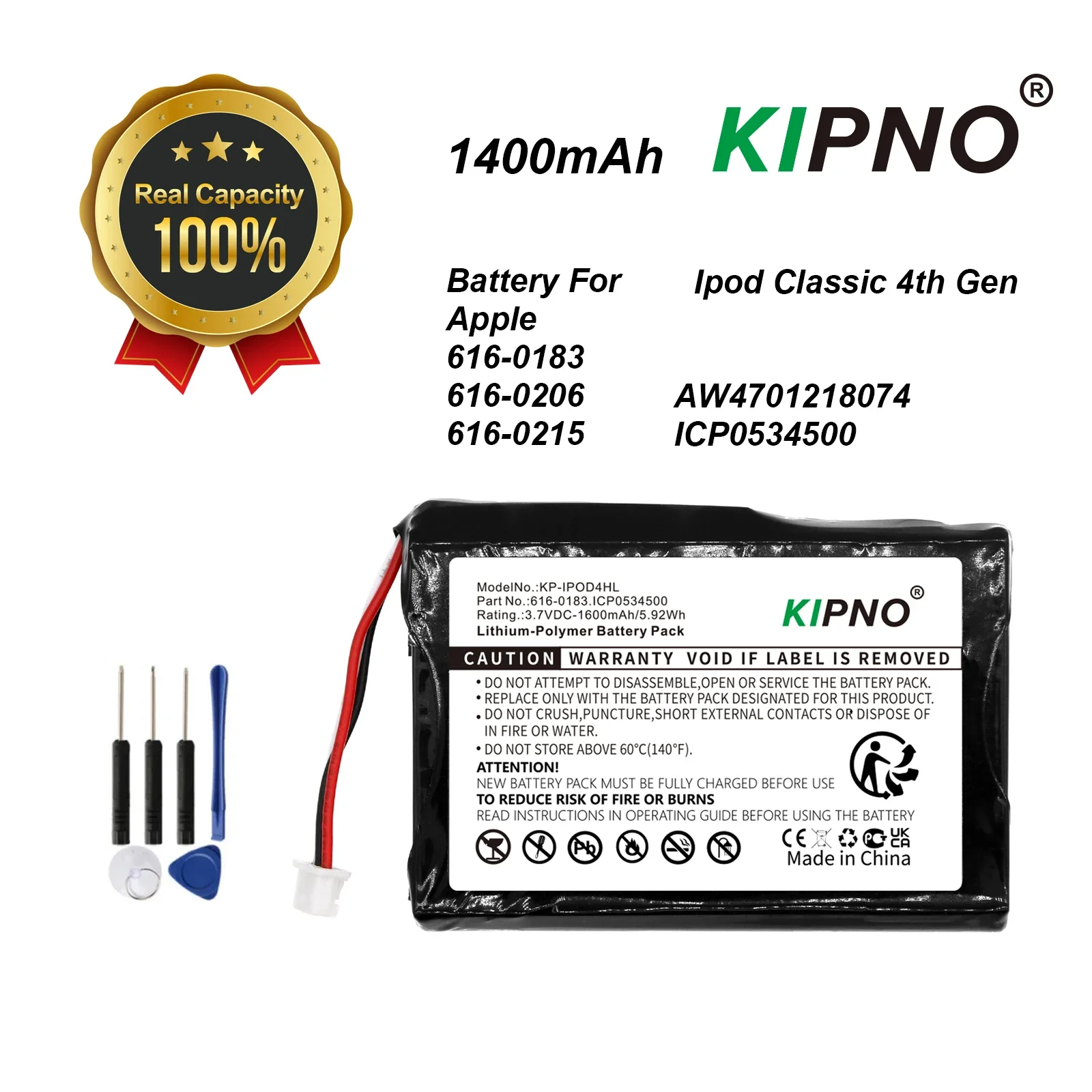 

KIPNO 1600mAh Replacement Battery for iPod Classic 4th Gen 20GB/40GB Photo U2 A1059 616-0206 616-0183