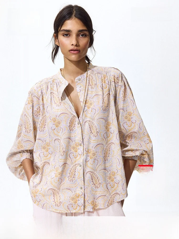 

Summer New Women's Loose Fit Mixed Fiber Blouse Vintage Style Long Sleeve Button Detail Gauze And Cotton Blend Shirt