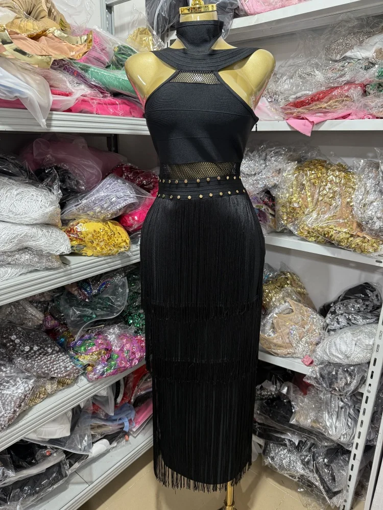 Black And White Round-Neck Off-The-Shoulder Lace Cutout Waist Long Dress With Tassel Decoration Tight Evening Party Outfit