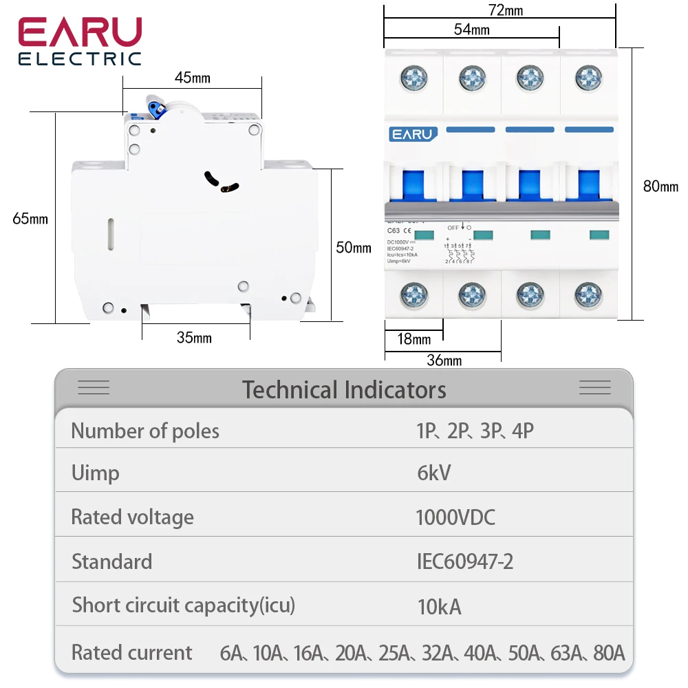 MCB 1/2/4P Solar Circuit Breaker 10/16/20/25/32/63/80A DC1000V Short Circuit Overload Protection Battery Switch Photovoltaic PV