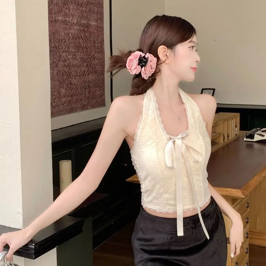 

Halter Top Summer Criss Cross Lace Trim Twist Adjustable Bow Accent Sheer Chic Duo-Layer Day to Night Premium Duality​​