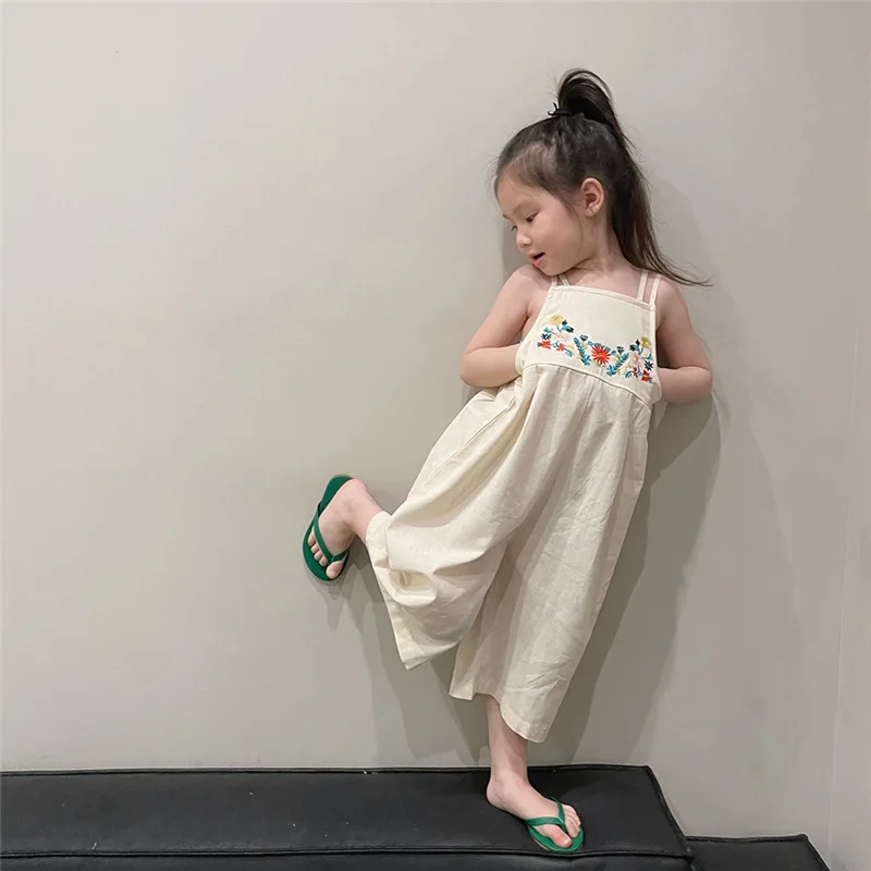 

Summer Fashion Baby Girls Cotton Beige Embroidered Backless Strapped Overalls Kids Slip Outfits Child Suspenders Pant 2-8 Years