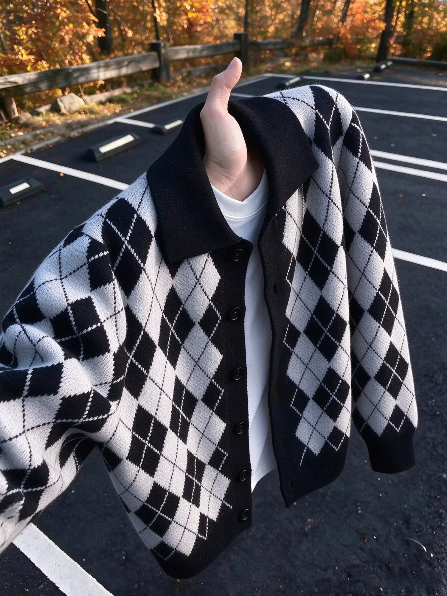 Khaki Diamond Pattern Open Cardigan Knitted Jacket Men's Autumn Winter Lazy Style Retro Sweater Design Loose Collar Top