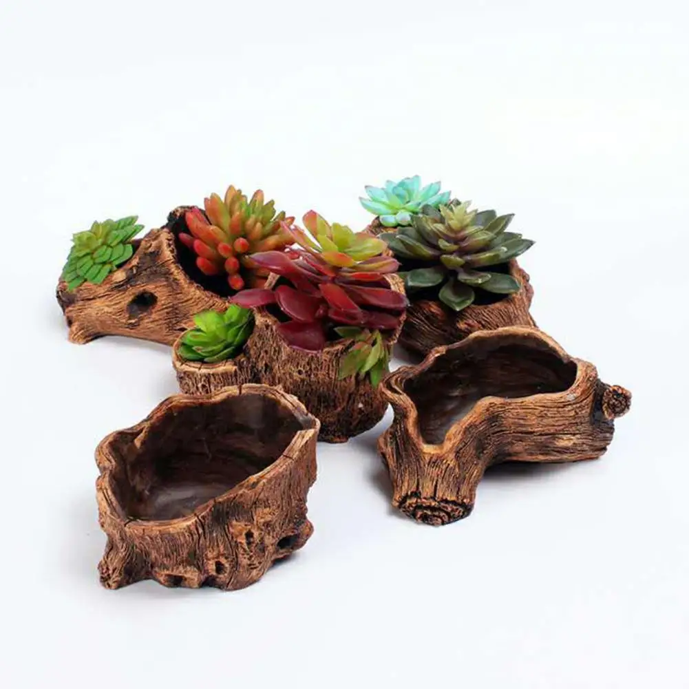 Tree Stump Design Planter Rustic Cement Tree Stump Flowerpot for Succulents Cactus Small Decorative Planter for Windowsill Shelf