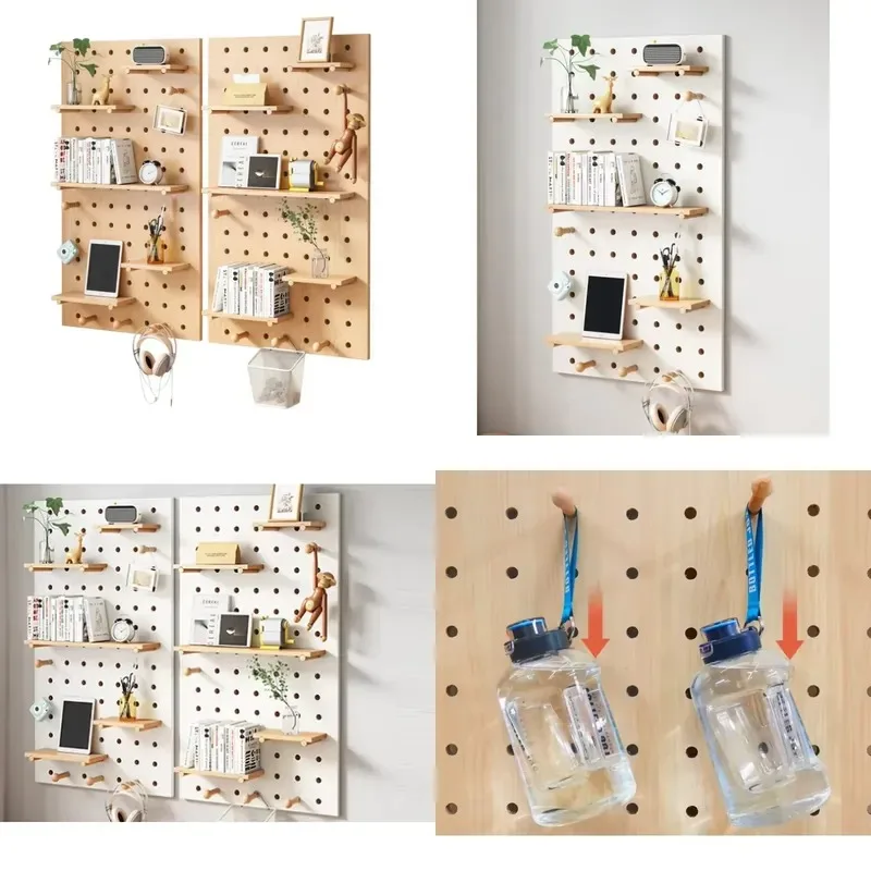 Wall Mounted Wooden Storage Rack Free Installation Home Combination Bookshelf Pegboard Holder