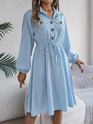 Elegant Button Front Cinched Waist Lantern Sleeve Collar Dress For Spring & Fall, Women's Clothing