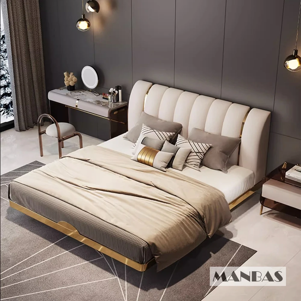 MANBAS Modern Genuine Leather Suspended Bed With Sensor Light, Double Rectangle Bed Frame With Stainless Steel, Nordic Camas