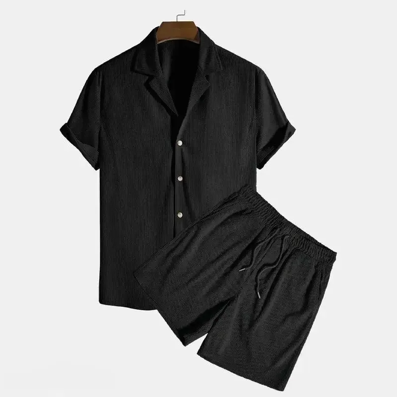 

GELITAYIN Summer Button-Up Mens Suits Casual Loose Solid Beach Outfit Corduroy Turn-down Collar Short Sleeve Two-piece Sets