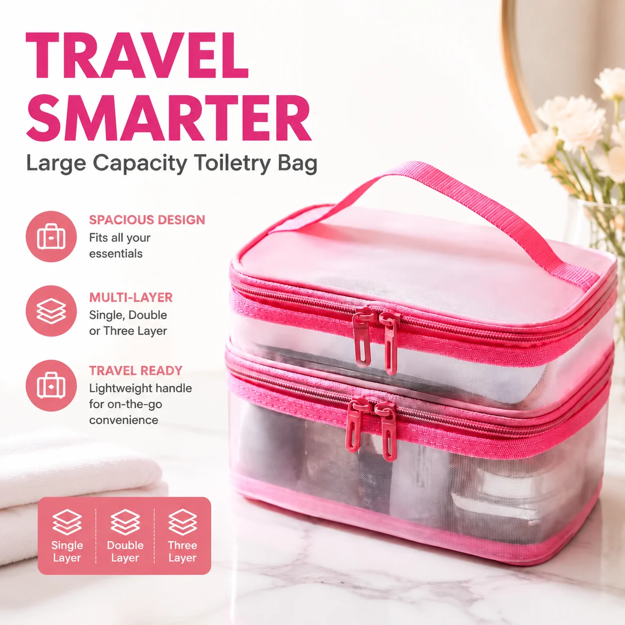 Large Capacity Travel Toiletry Bag Portable Mesh Storage Organizer Cosmetic Pouch Single Double Three Layer