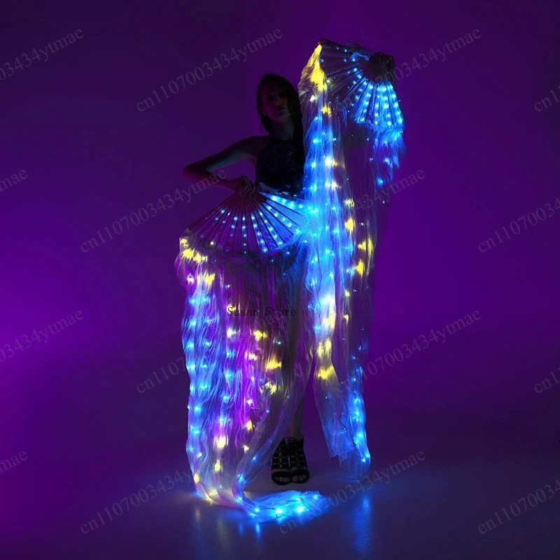LED Glowing Silk Fan Veil Full Color Luminous Belly‑Dance Fan Stage Show Wedding Party Dance Accessory