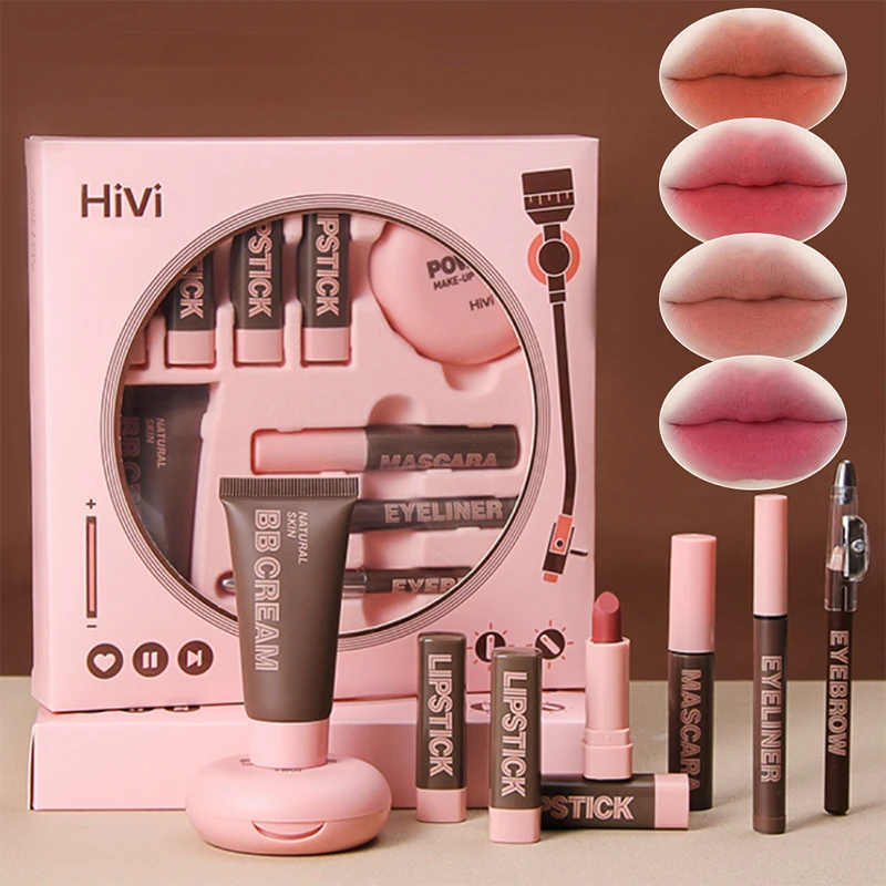 Zestaw świąteczny do makijażu dla kobiet, 9 szminek, puder, krem BB, kredka do brwi, tusz do rzęs i eyeliner, dla kobiet i dziewcząt.
