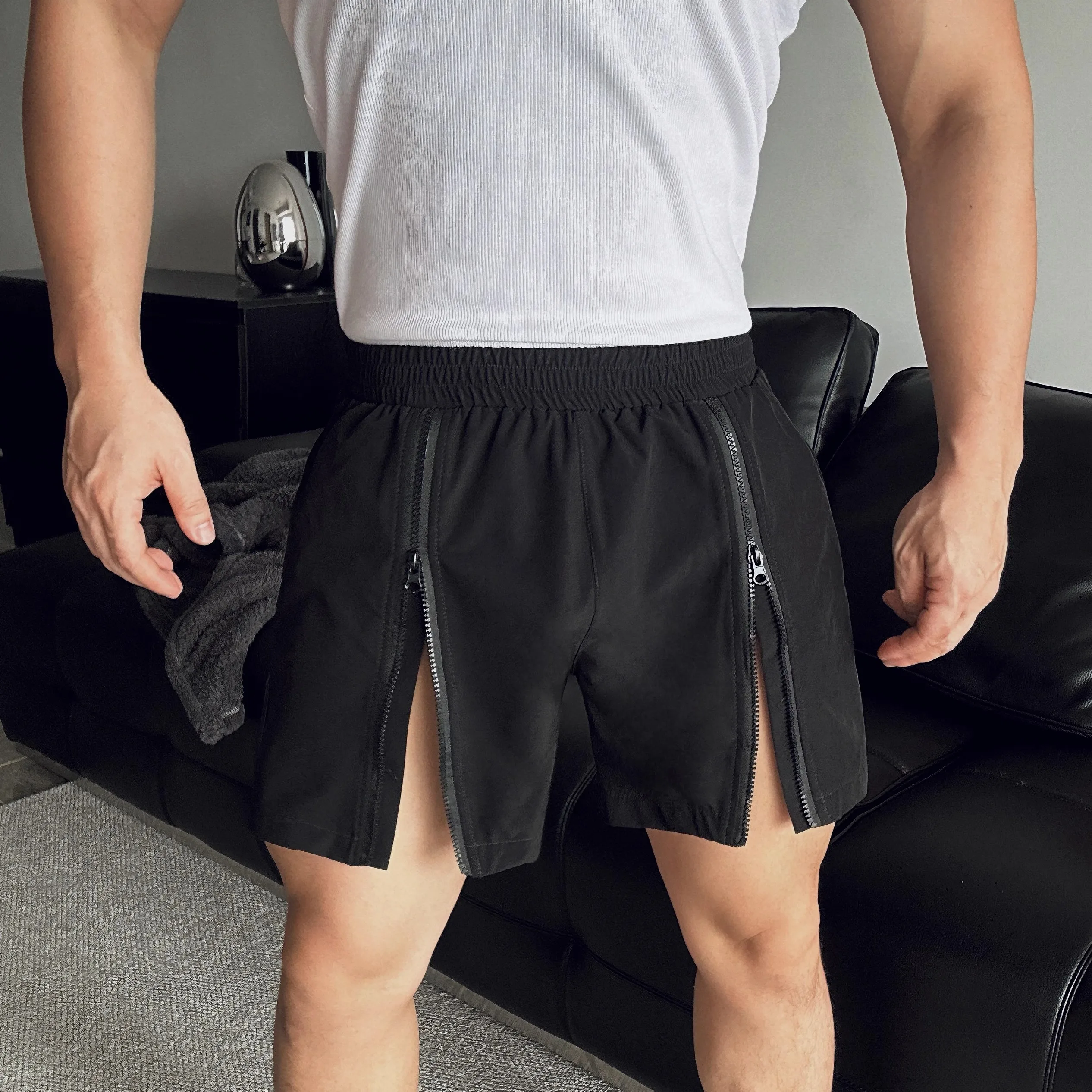 Black White Pink Men Women Sport Short Elastic Waist Double Zipper Fashion Fitness Waterproof Beach Pant Singer Dance Stage Wear