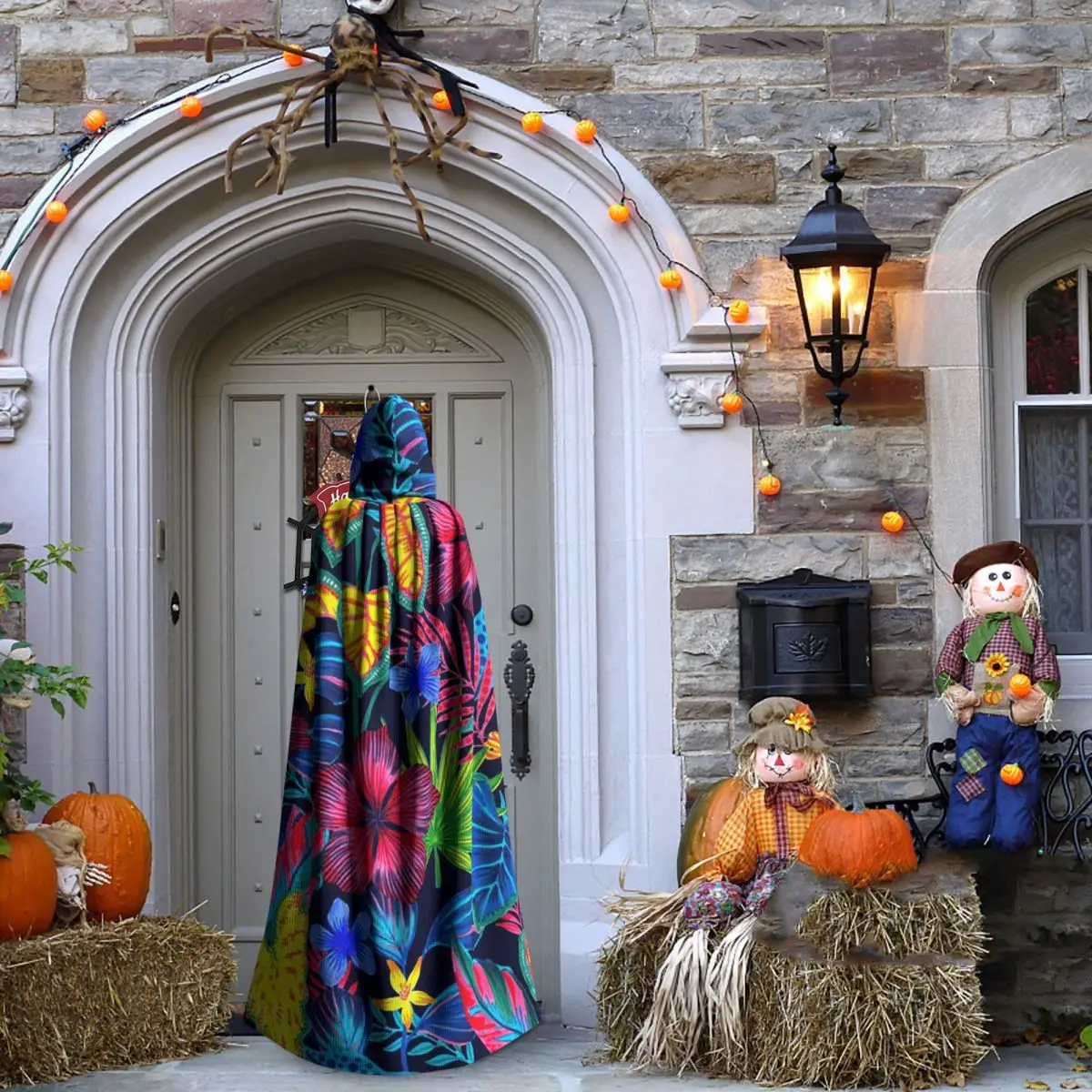 Capa larga con capucha y estampado Floral de flores exóticas en la selva tropical, disfraz Medieval de bruja, capa de Cosplay para fiesta de Halloween, Unisex para adultos