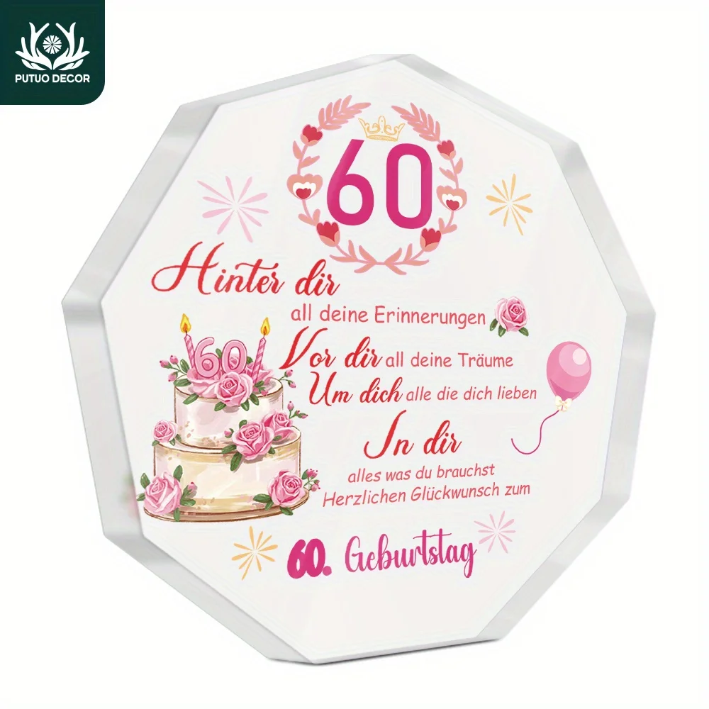 CIFBUY Metal Art German Birthday Farmhouse Acrylic Sign Nine-Angle Tabletop Decor Happy 60th Party Anniversary Gift Home Sign