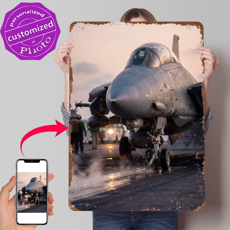 F-14 Tomcat on Aircraft Carrier Deck Poster Customized Vintage Metal Signs Wall Art Retro Tin Plaque for Interior Accessories
