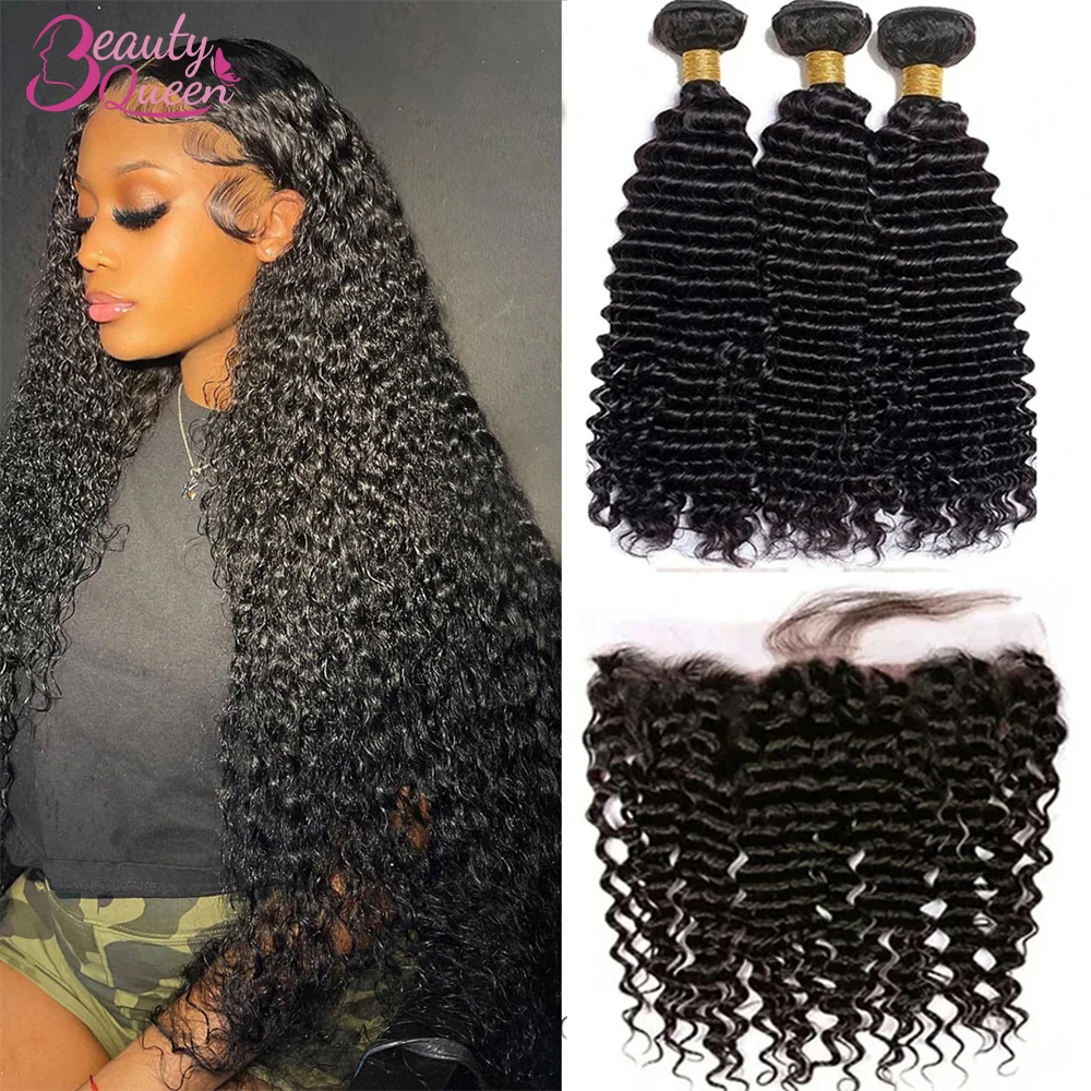 Bundles de cheveux humains bouclés à vague profonde pour femmes, extensions de cheveux avec fermeture avant en dentelle 13x4, 3 faisceaux