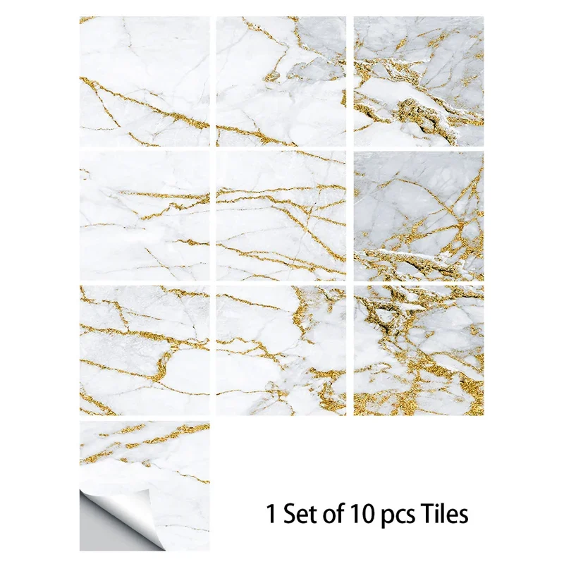 10Pcs/set White Gold Marble Tile Sticker Self Adhesive Waterproof Crystal Hard Tile Sticker Kitchen Bathroom Decorative Sticker