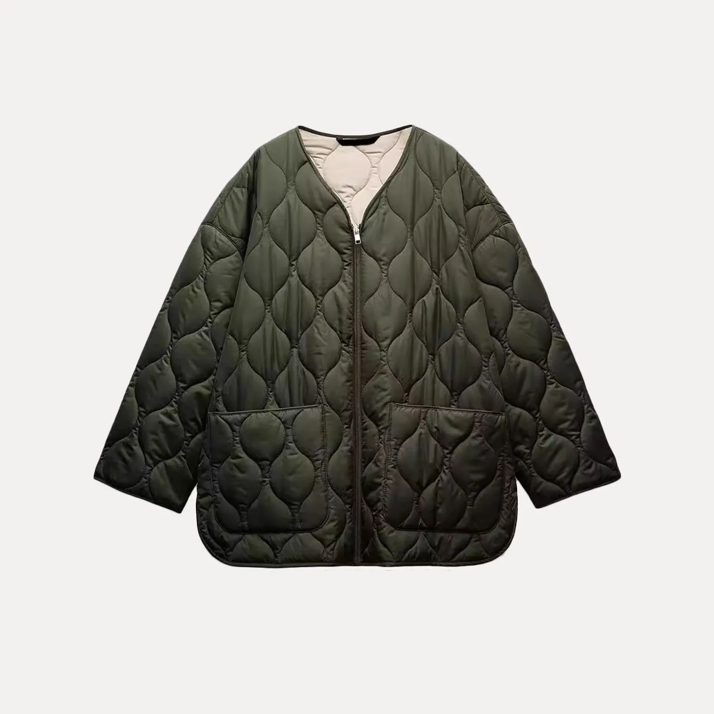 Loose Long Sve Jaet Simple Design Autumn New Women's Faion Outerwear Z Commute Sle V-Ne Zipper Pure Color