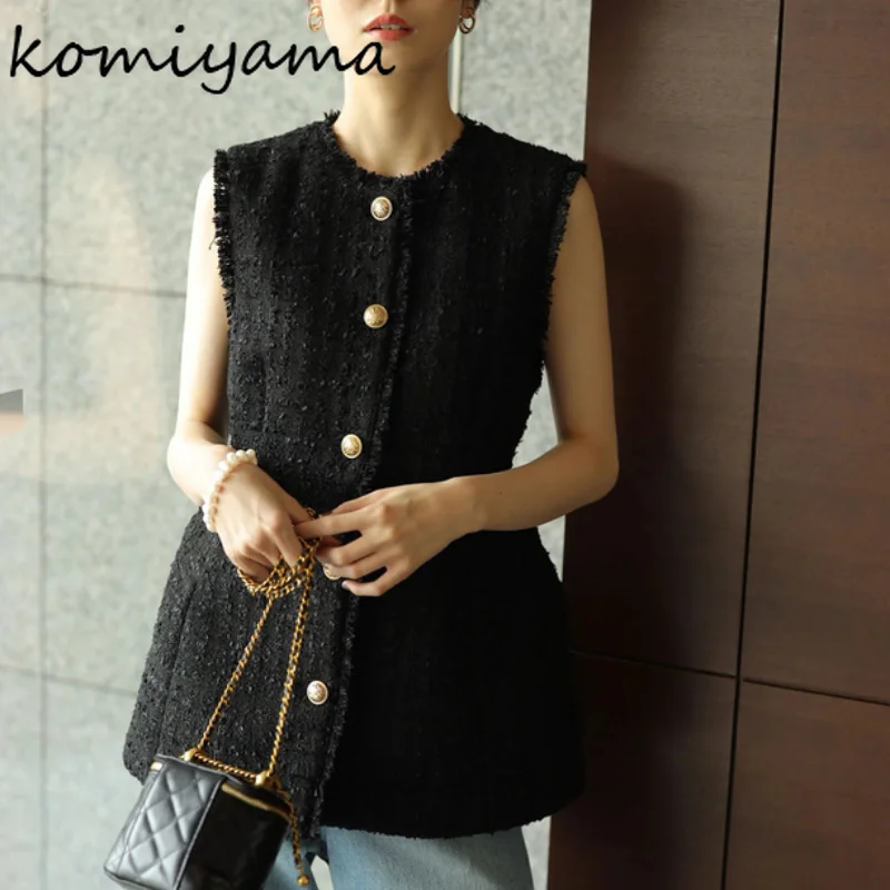 Komiyama Small Fragrance Tweed Tank Top Sleeveless Jackets O Neck Y2k Clothes Spring Single Breasted Vest Women Black Tanks