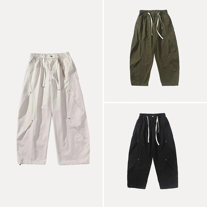 

Casual American Street Sle Knife Work Pants for Men Spring 2025 Loose Fit Long Trousers Belted Rivet Decorated