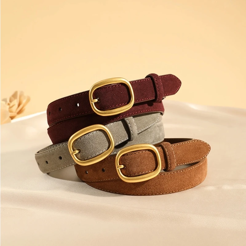 Sabuk Wanita Gaya Vintage - Kulit Suede Rusa dengan Gesper Oval Emas untuk Celana Jeans