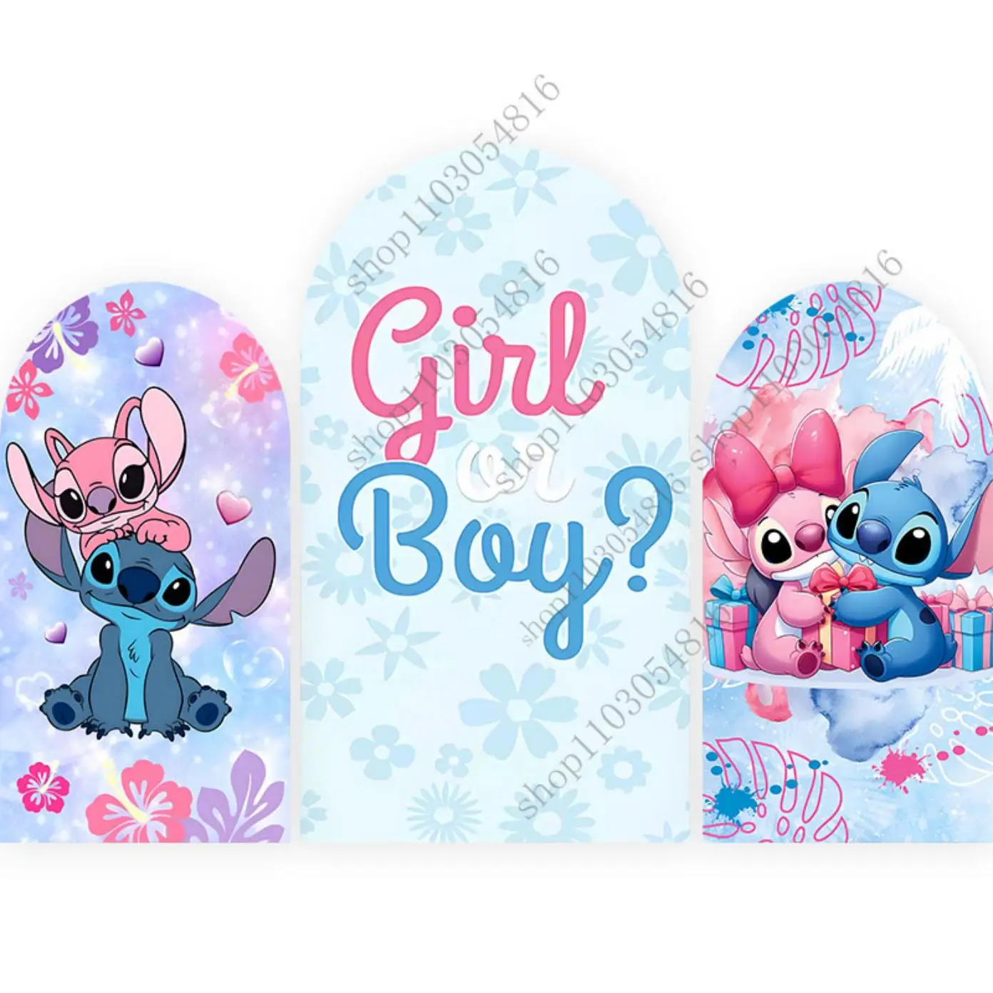 

Stitch & Angel Theme Arch Photo Backdrop Cute Pink Arched Wall Birthday Party Baby Shower Doublesided Photography Background