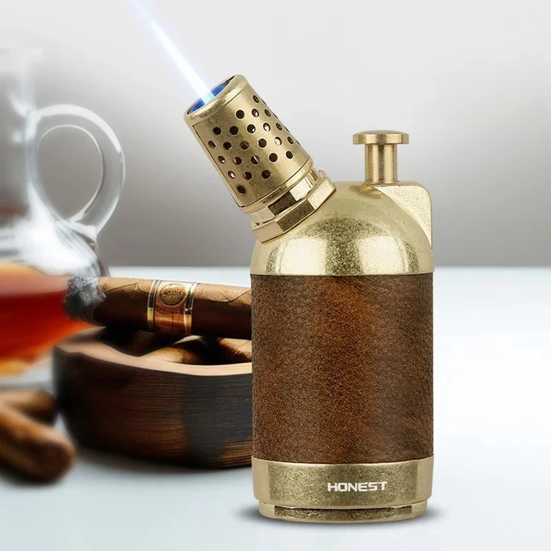 

HONEST PU Leather Large Capacity Gas Desktop Windproof Strong Blue Flame Butane Gas Torch Lighter Brass Business Cigar Lighters