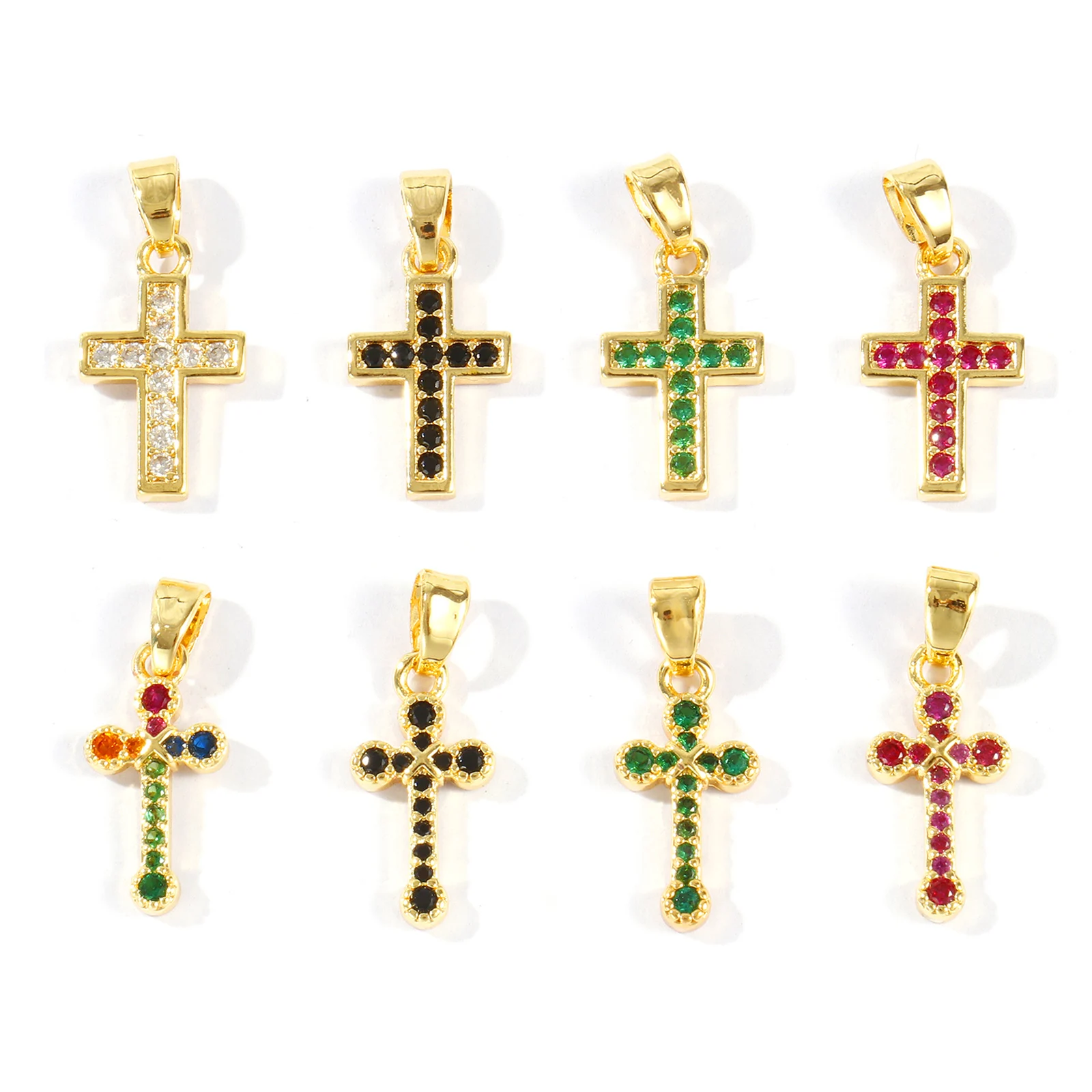 2 pendentifs religieux en laiton plaqué or 18 carats, croix multicolores micro-pavées de strass, pour femmes, pour colliers DIY, cadeau de bijoux