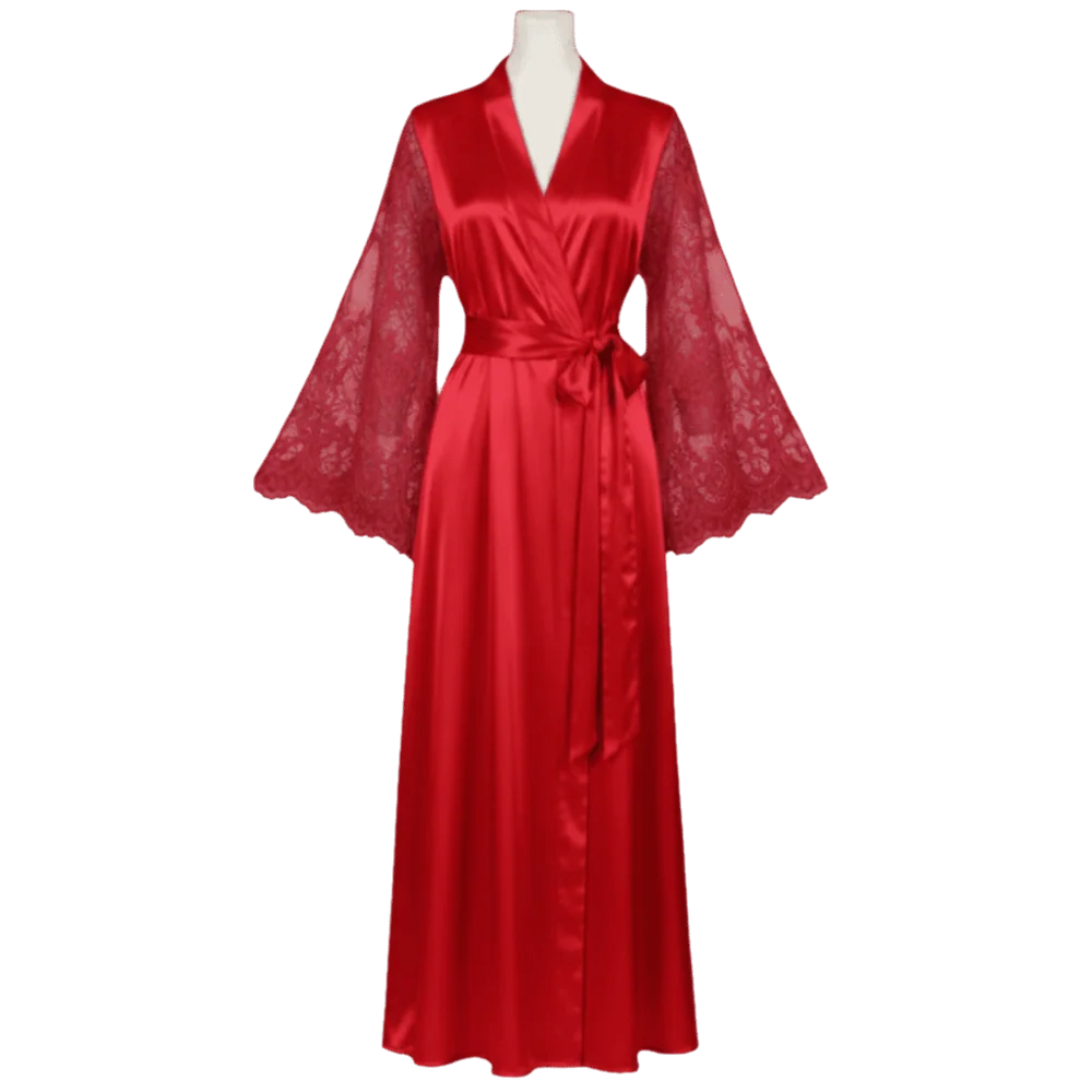 Long Sleeve Satin Night Robe V Neck Plus Size Lace Robe Dress Comfortable Sleepwear Silk Satin Nightdress Loungewear