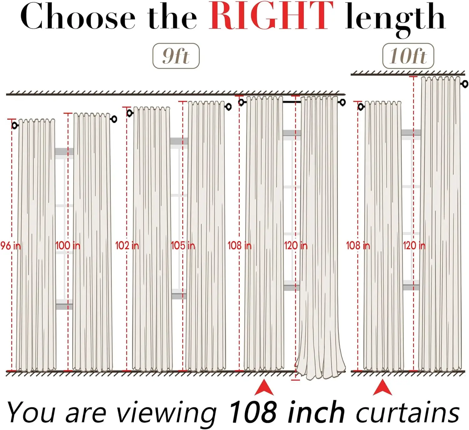 Cream 2-Panel 108-Inch Extra-Long Linen Sheer Curtains, 9-Foot Length, Hook Header for Curtain Tracks, Light-Filtering Ceiling-Hung Drapes