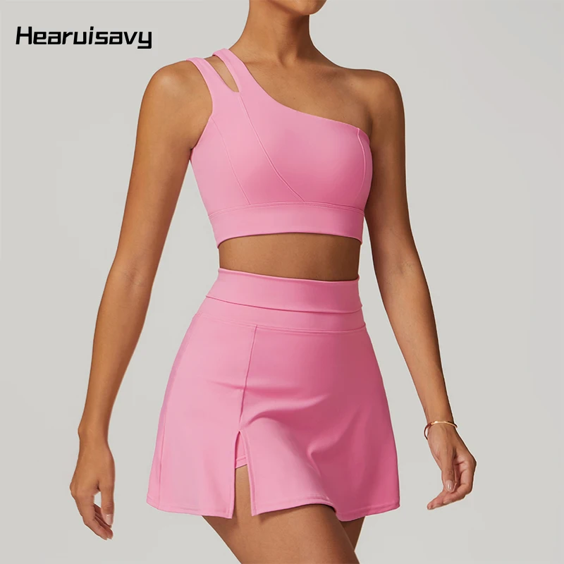 Hearuisavy 2pc Sports Skirt Suit Outdoor Leisure Single Shoulder Bra Suit Quick Drying Yoga Clotes Tennis Set Yoga Skirt Sets