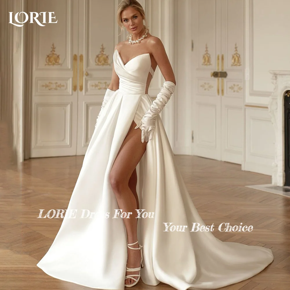 LORIE High Slit Wedding Dresses Solid Satin Strapless Ribbons Sweep Train Bridal Gowns Vintage Customized Bride Dress Bride Gown