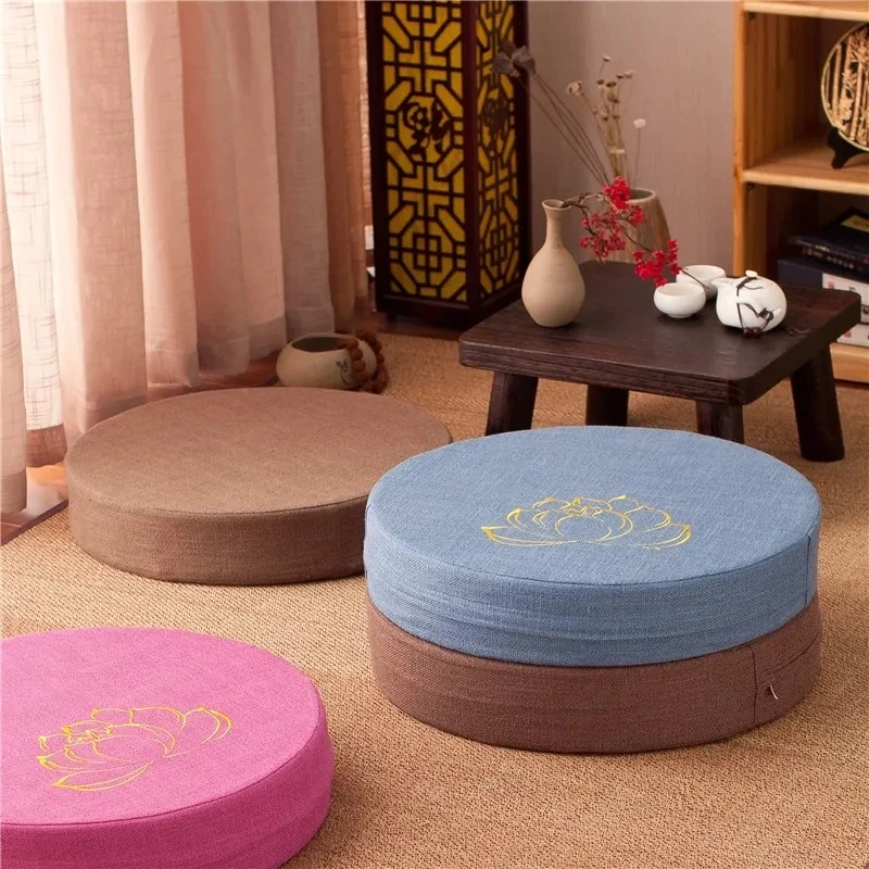 Round Thickened Lotus Embroidery Linen Seat Pads Chinese Style Futon Sitting Mat Simple Solid Color Living Room Tatami Cushion