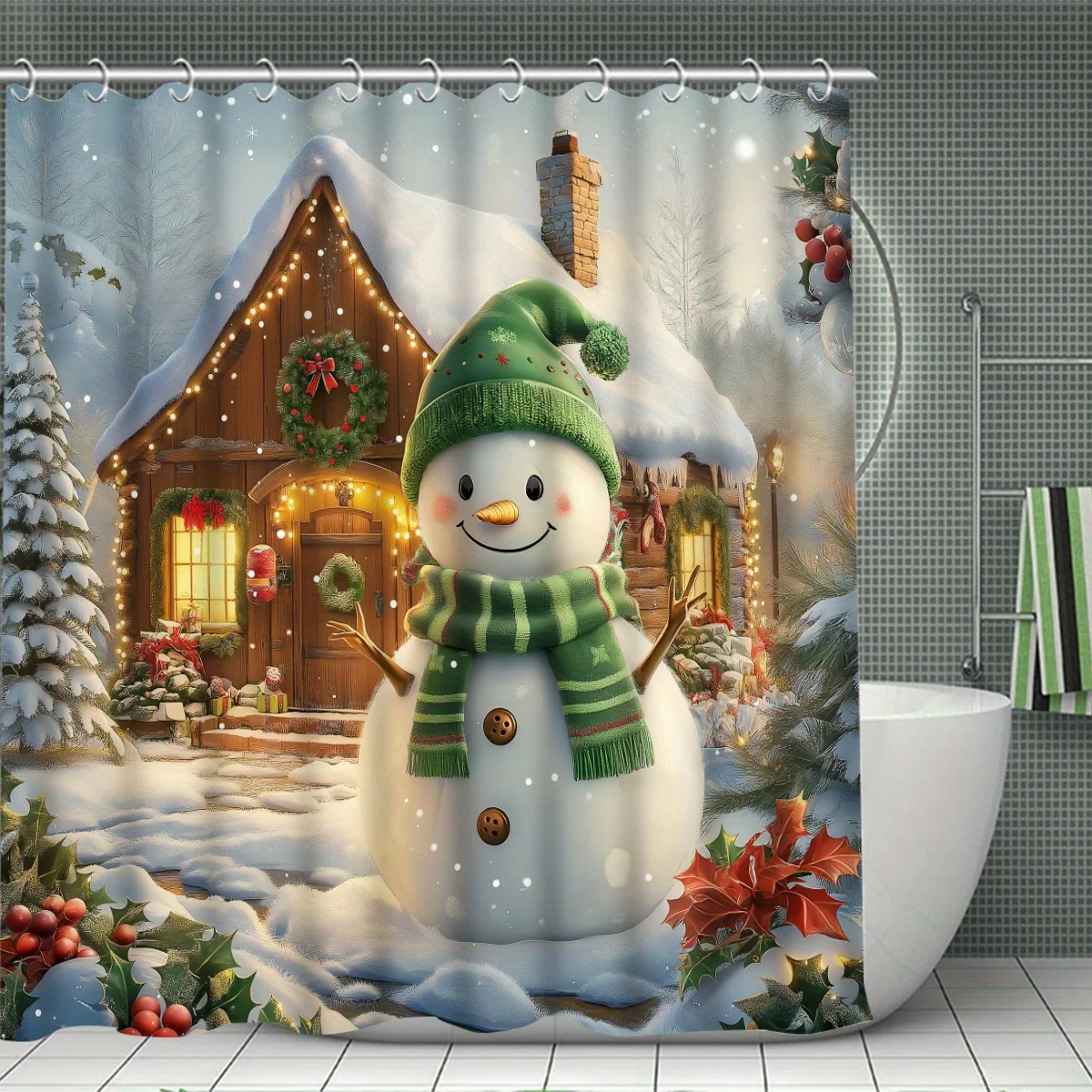 4PCS Christmas Snowman Shower Set, Snowman Holly House Winter Print, 12 Hooks, Non-Slip Mat, U-Seat Cover, Holiday Decor