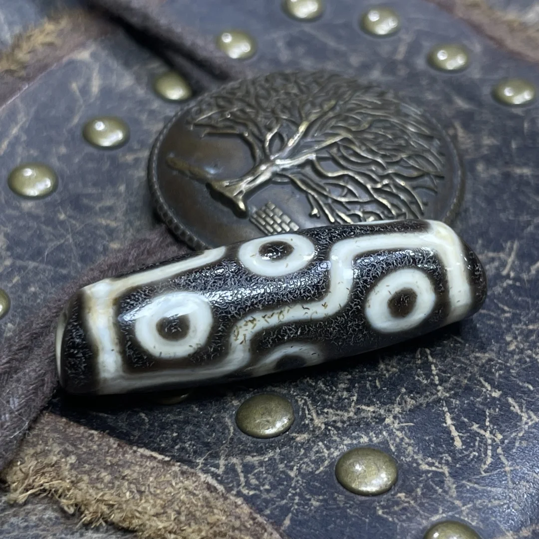 Ancient Tibetan Dzi Beads Old Agate Fire Offering Old 9 Eyes Totem Amulet Pendant Cinnabar 11x37mm