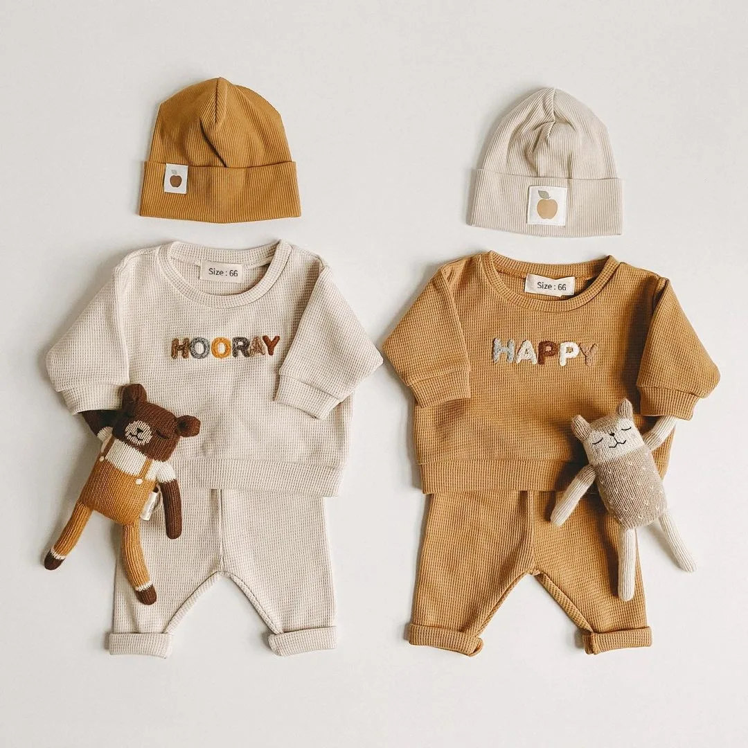 

2026 Spring New Baby Long Sleeve Clothes Set Girls Letter Embroidery Sweatshirt + Pants 2pcs Suit Kids Toddler Waffle Outfits