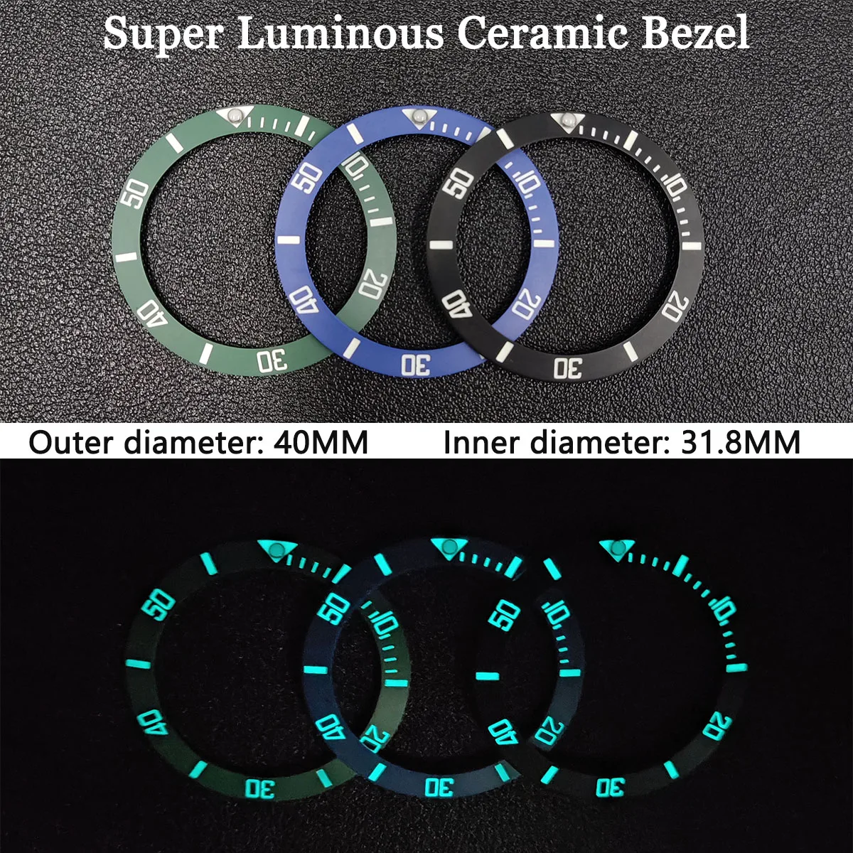 40mm*31.8mm Sloping Super Luminous Ceramic Bezel Insert Divers Replacement of watch accessories parts Blue lumens