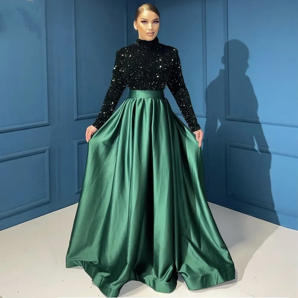 Green Muslim Evening Night Dress for Women Long Sleeves High Neck Aline Sequin Velvet Formal Prom Party Gowns Vestidos De Longo