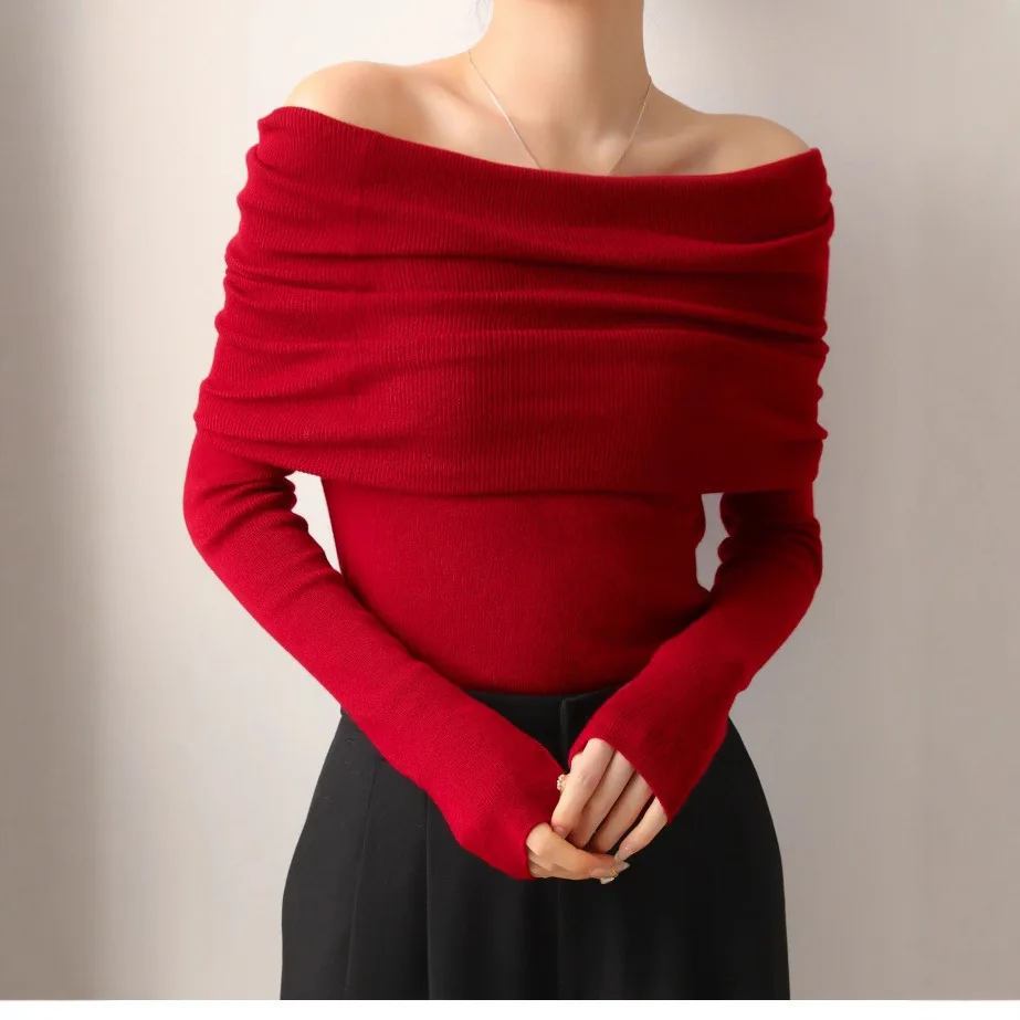 2026 Batwing Long Sleeve Knitted Pullover Women Thick Off Shoulder Top Korean Fashion Sweater Loose Casual Autumn Outwear Pull