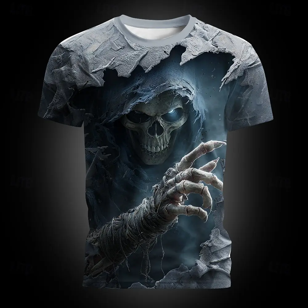 Men 3D Grim Reaper Skull Print Crew Neck T-Shirt Halloween Horror Graphic Short Sleeve Casual Tees
