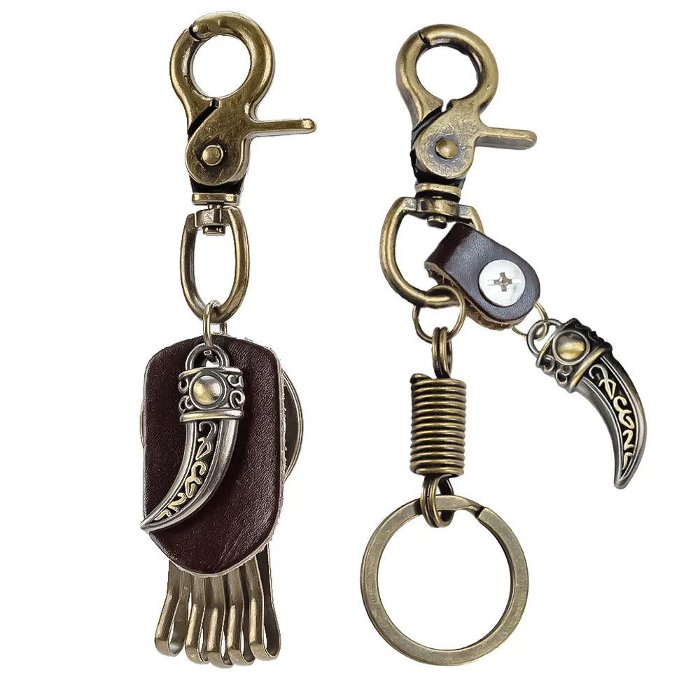 New style creative horn-shaped keychain pendant leather rope keychain spring clip waist chain alloy curved corner pendant access