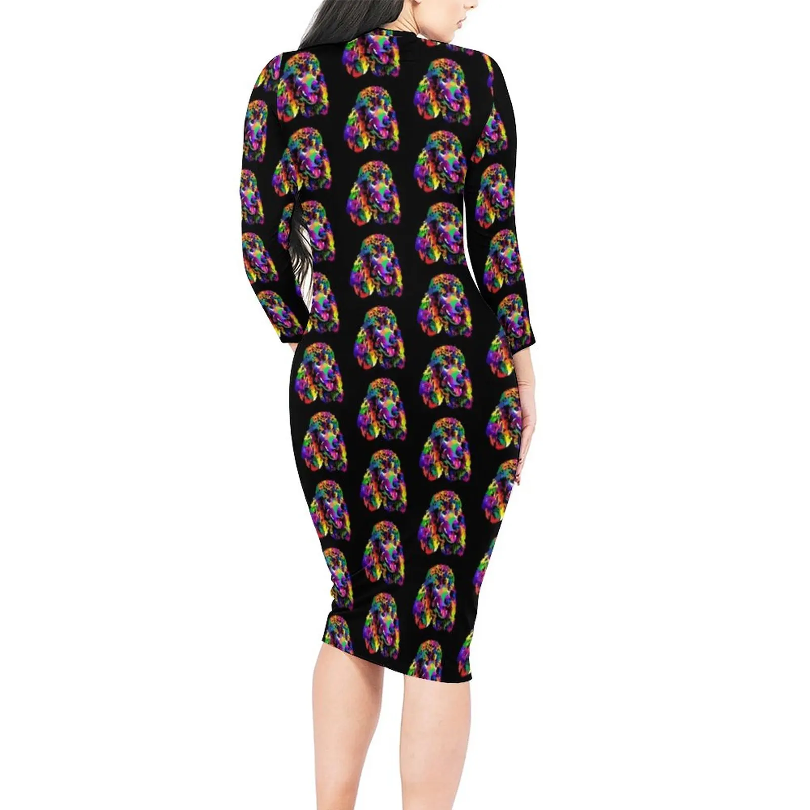 Pop-Art Pudel Kleid Langarm Hund drucken sexy Kleider Herbst Frauen Streetwear Muster Bodycon Kleid große Größe