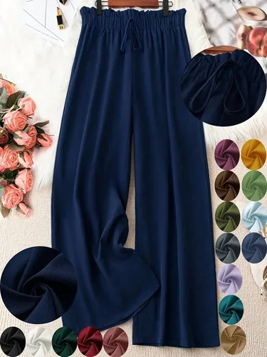 Pantalones de pierna ancha de Color sólido a la moda para mujer de talla grande 1XL-5XL, pantalones largos sueltos de cintura alta con cordón elegante informal para mujer