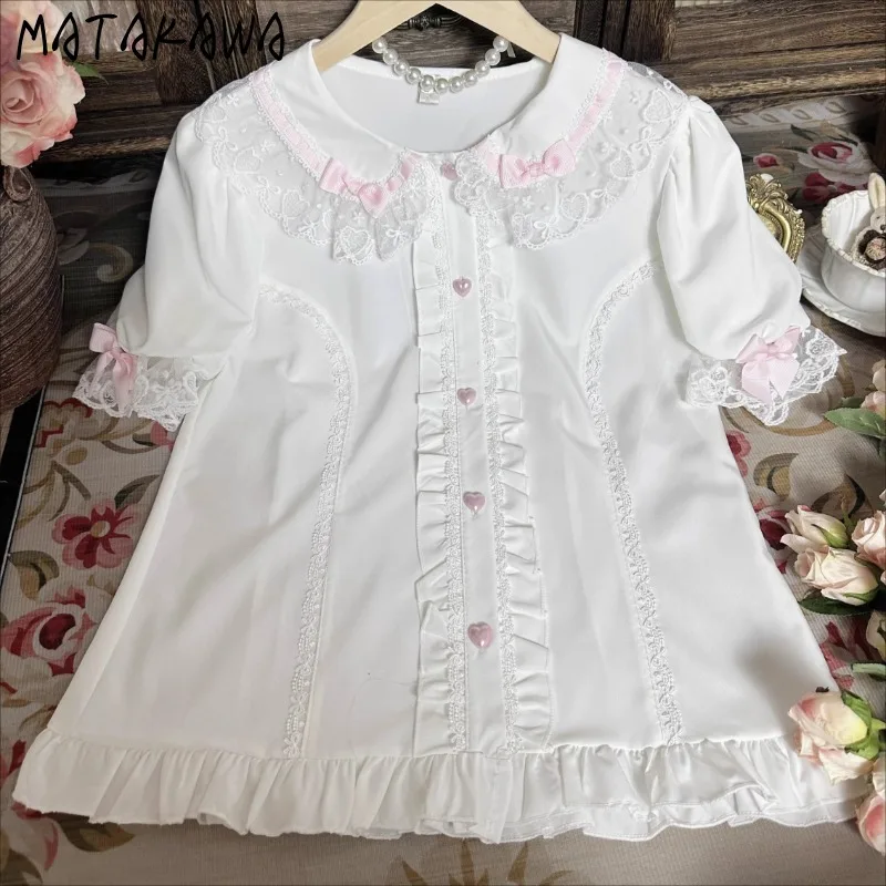 

Matakawa Sweet Ruffles Blouses Spring Summer Japanese Style Kawaii Retro Women Shirts Fashion Elegant Peter Pan Collar Camisas