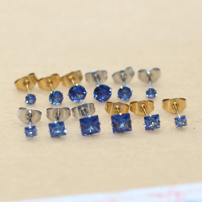 2 pc lot Circle And Square Shape Tanzania Blue Zircon Brief Stainless Steel Women Men Stud Earrings No Easy Fade Allergy Free