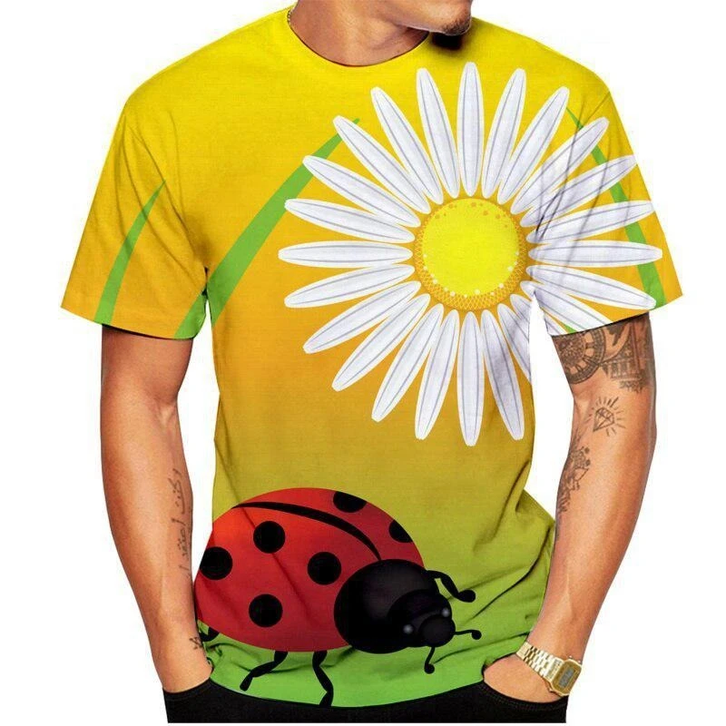 Cartoon Ladybug Funny Men T-shirt Children Casual Cute Round Neck T-shirts Full Print Insect Graphic 2025 Summer Fashion Man Tee