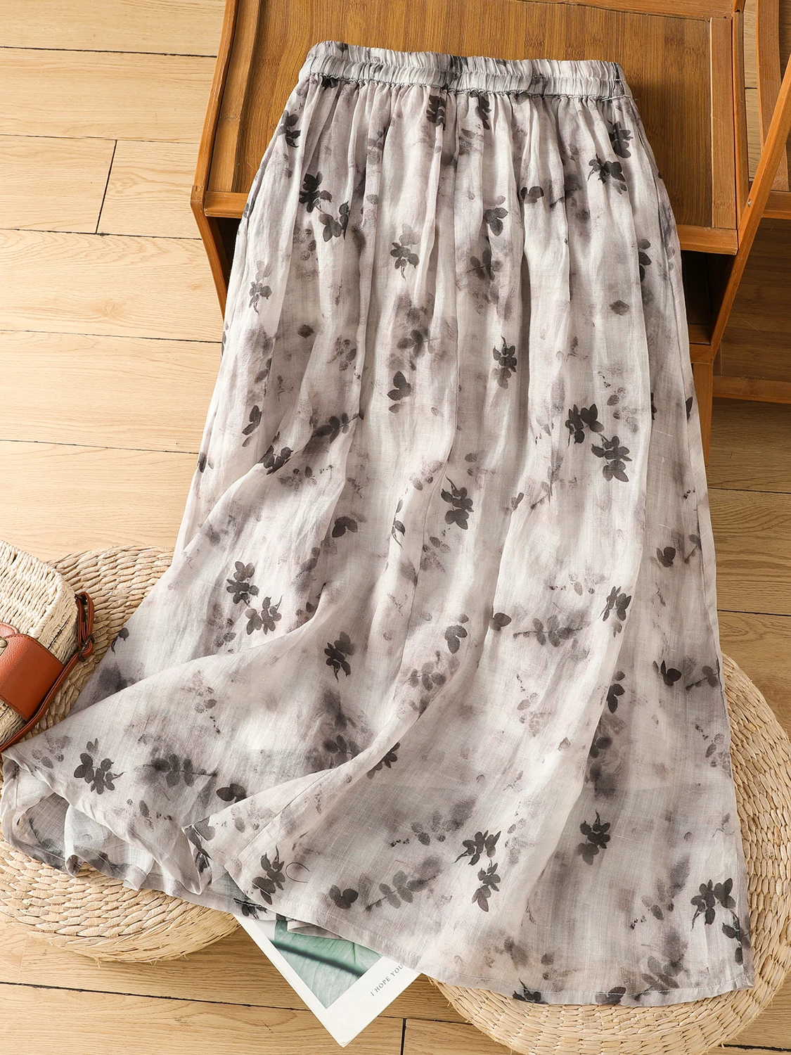 Retro chinês tinta de água tingido linho f saia feminina solta artística versátil meados de comprimento a linha saia verão nova chegada