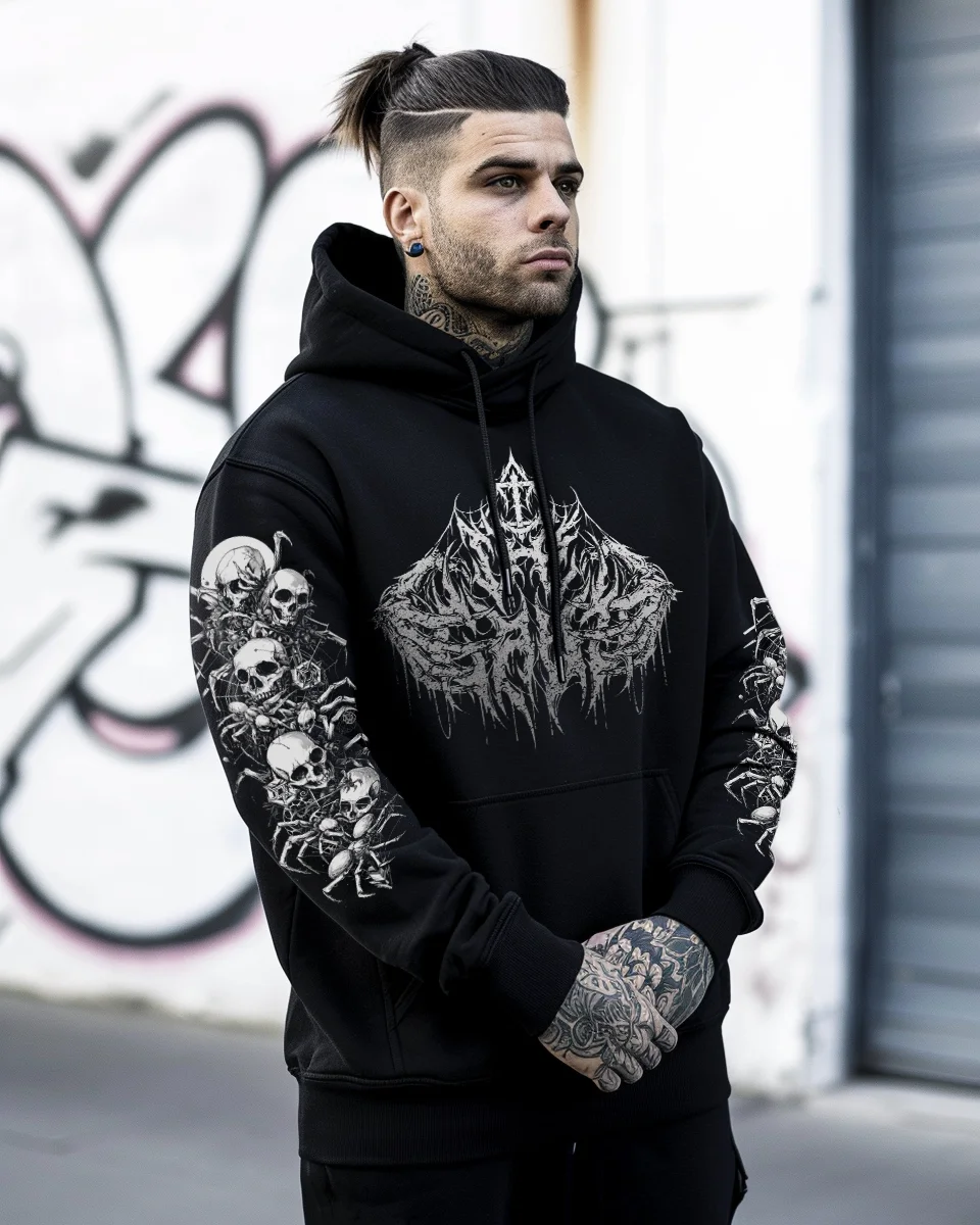 Herren-Kapuzenpullover mit Death-Metal-Spinnenschädel-Print, Mysteriöses Muster, Langarm-Print, Punk-Streetwear, Herren-Oberteil – Detail 5