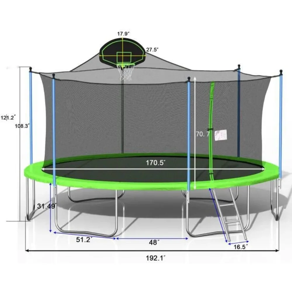 1500 LBS 16FT Outdoor Trampoline with Safety Enclosure Net, Backyard, Recreational Heavy-Duty Trampoline for Kids Adult