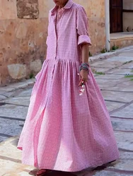 DSMTRC Casual Fashion Plaid Pleated Lapel Shirts DressWomen Spring Autumn New Long Sleeve Loose Going Out Vacation Maxi Dresses